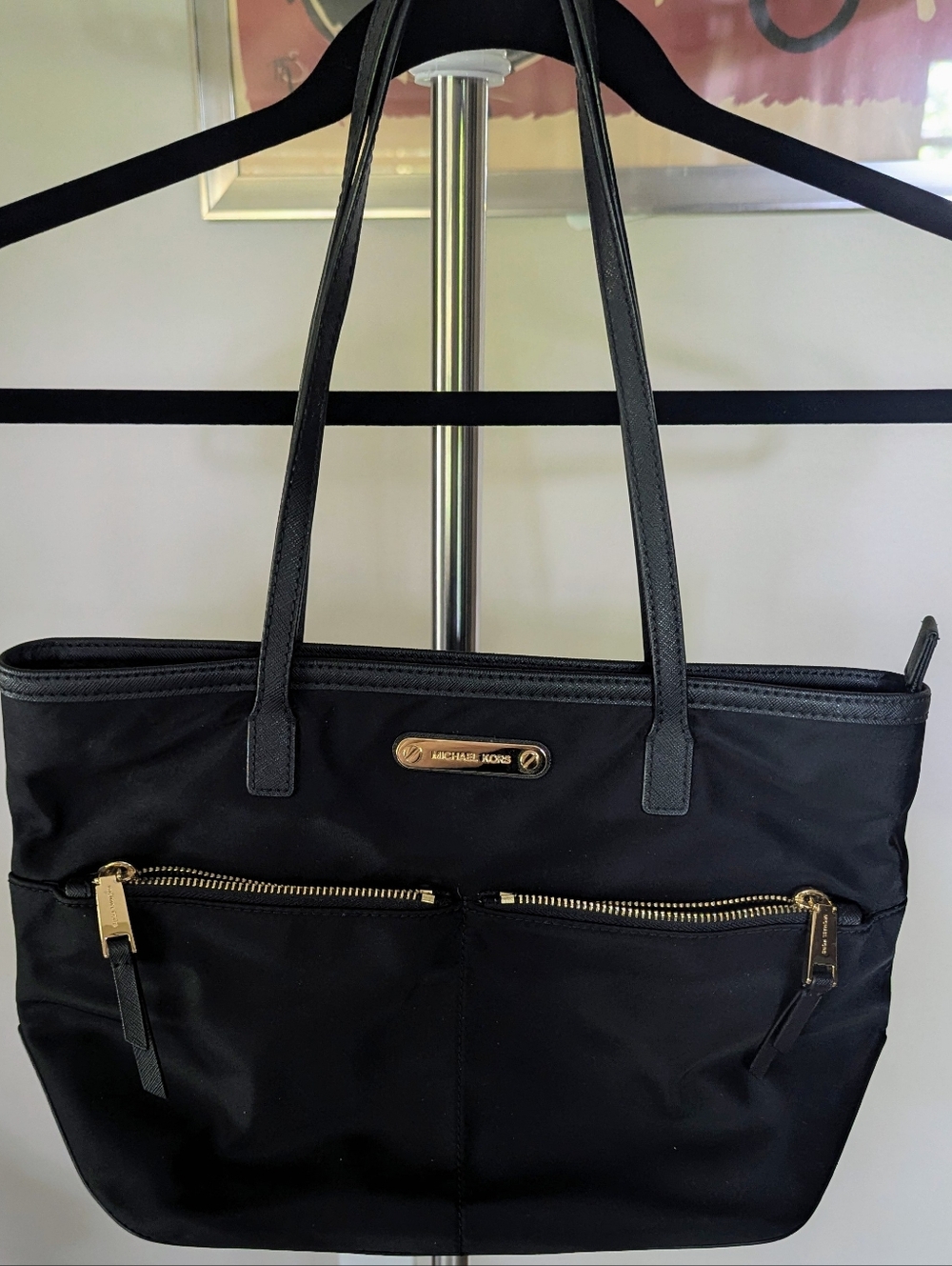 Michael Kors Black Nylon Tote with Gold Hardware and Front Zips $25